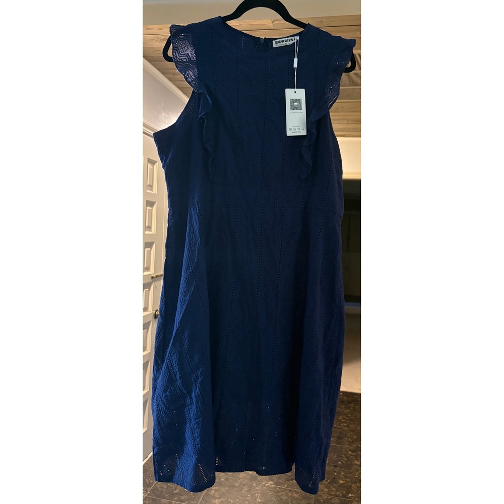 Ecowish Womens Navy Blue Eyelet Cotton Ruffle Flutter Sleeve Shift Dress XL NWT